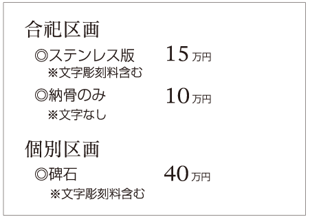 合祀区画(ステンレス版15万円・納骨のみ10万円)個別区画(碑石40万円)